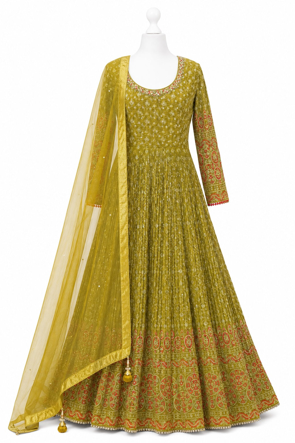 Green patterned dress with a matching dupatta on a white background