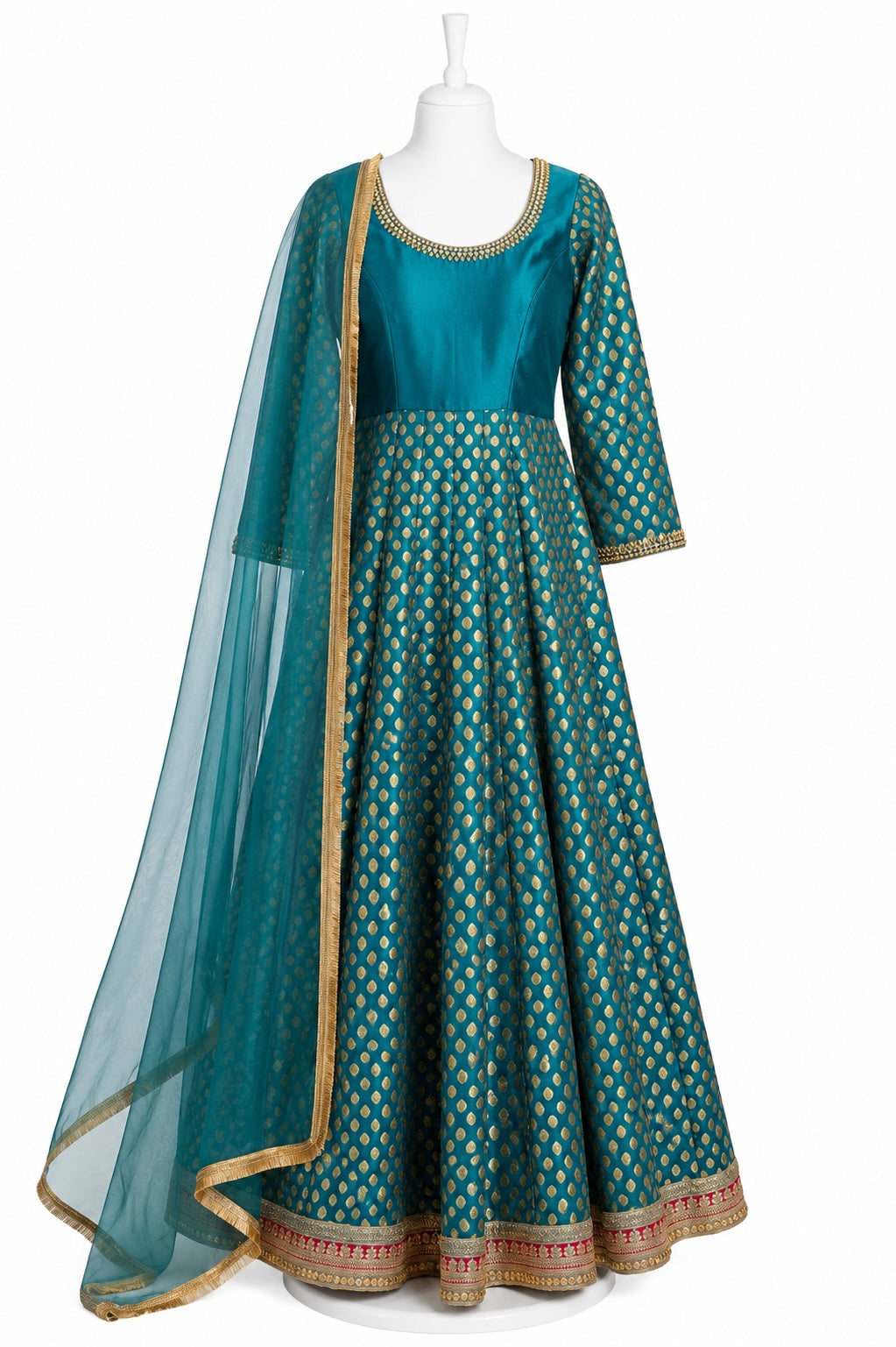 Teal traditional dress with gold patterns on a white background