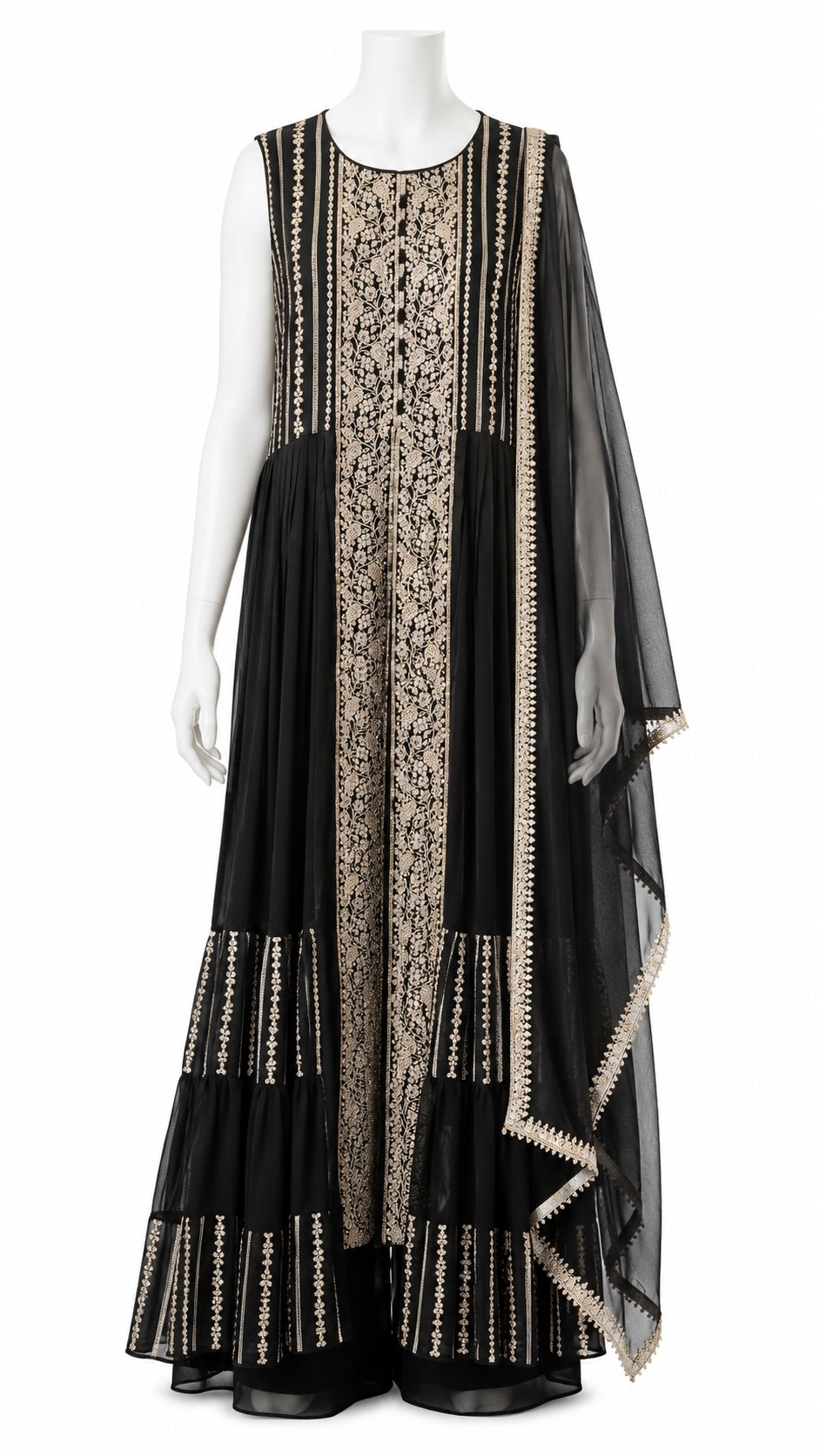 Black Embroidered Anarkali Sharara Suit with Dupatta | Pakistani Wedding & Party Wear