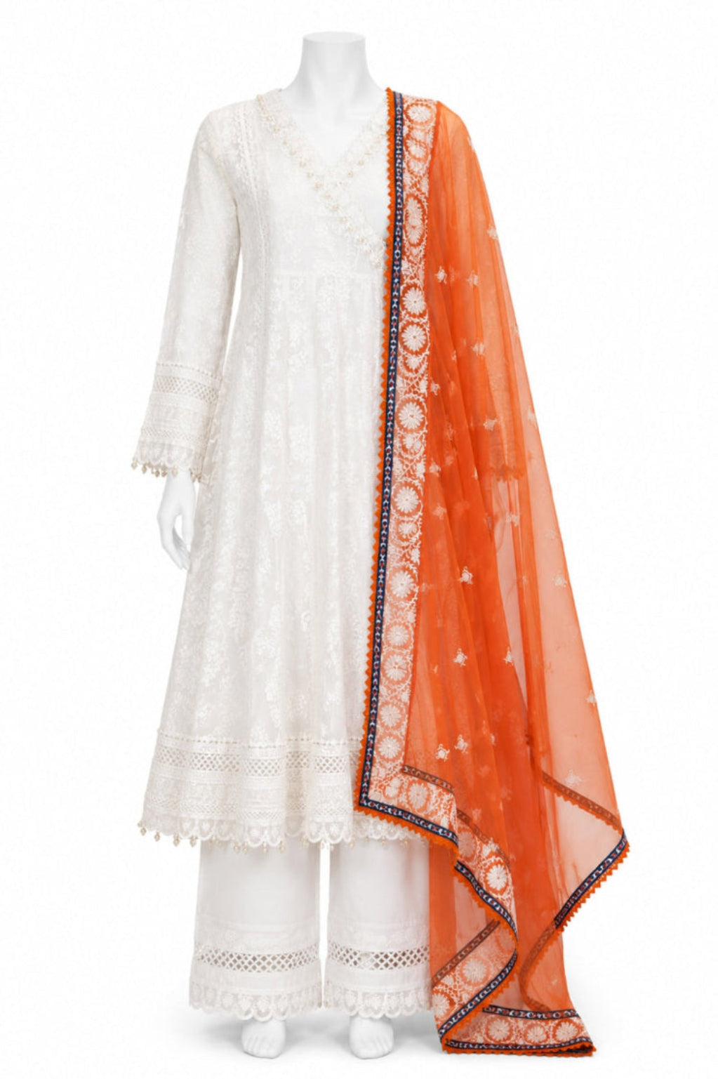 Ivory White Anarkali Suit with Orange Embroidered Dupatta | Luxury 3-Piece Ethnic Wear | Khush Mizaj Official