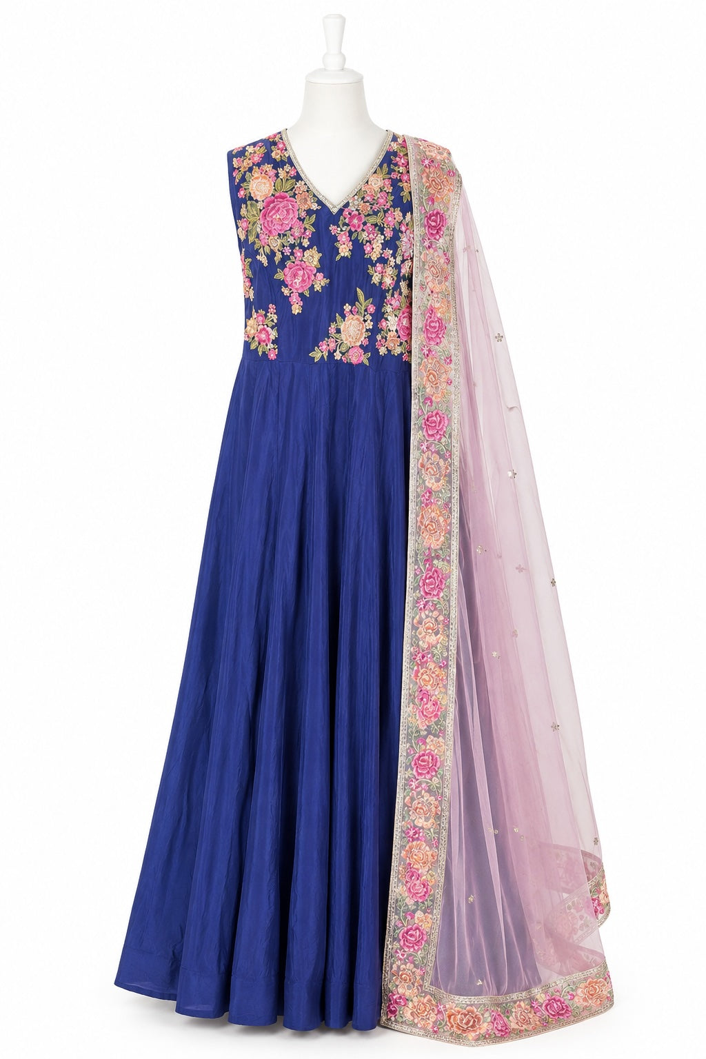 Blue floral dress with a matching dupatta on a white background
