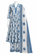 Blue Floral Anarkali Set with Pants & Dupatta | Pakistani Designer Suit for Women