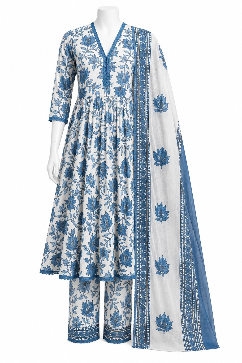 Blue Floral Anarkali Set with Pants & Dupatta | Pakistani Designer Suit for Women