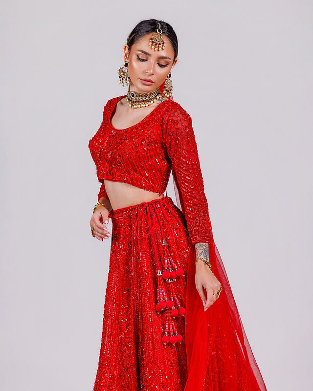 Scarlet Red Embellished Bridal Lehenga Set