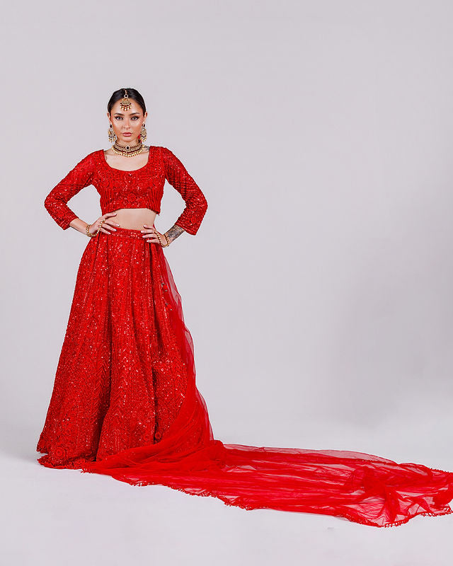 Scarlet Red Embellished Bridal Lehenga Set