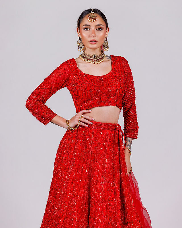 Scarlet Red Embellished Bridal Lehenga Set