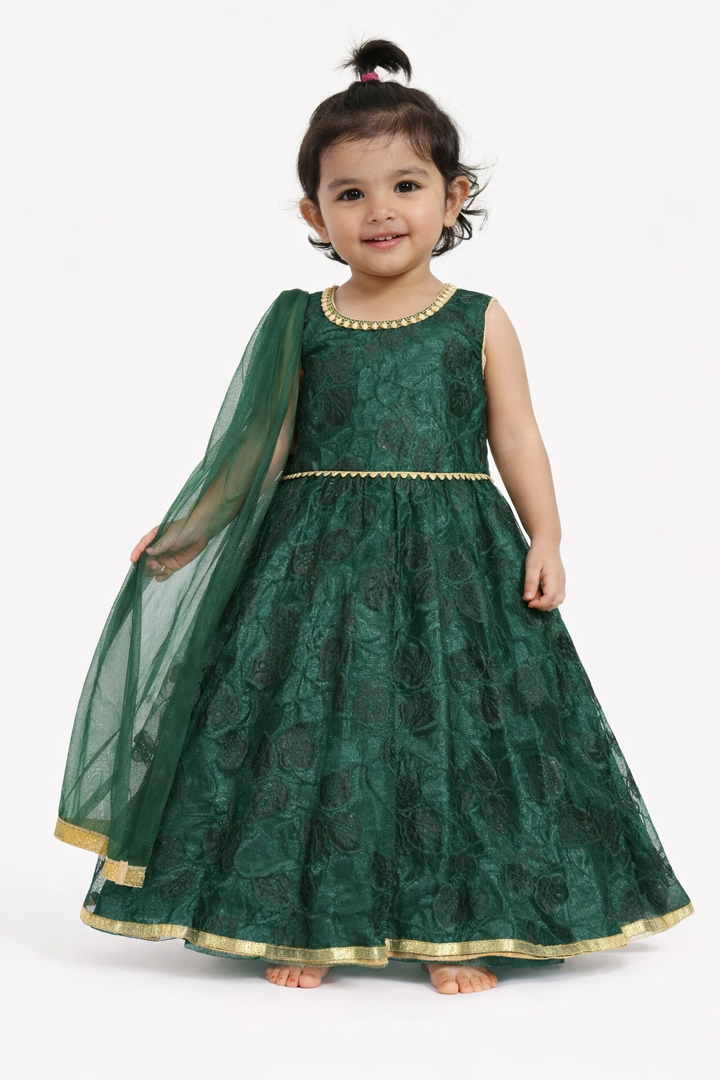 Emerald Green Festive Gown with Dupatta – Girls