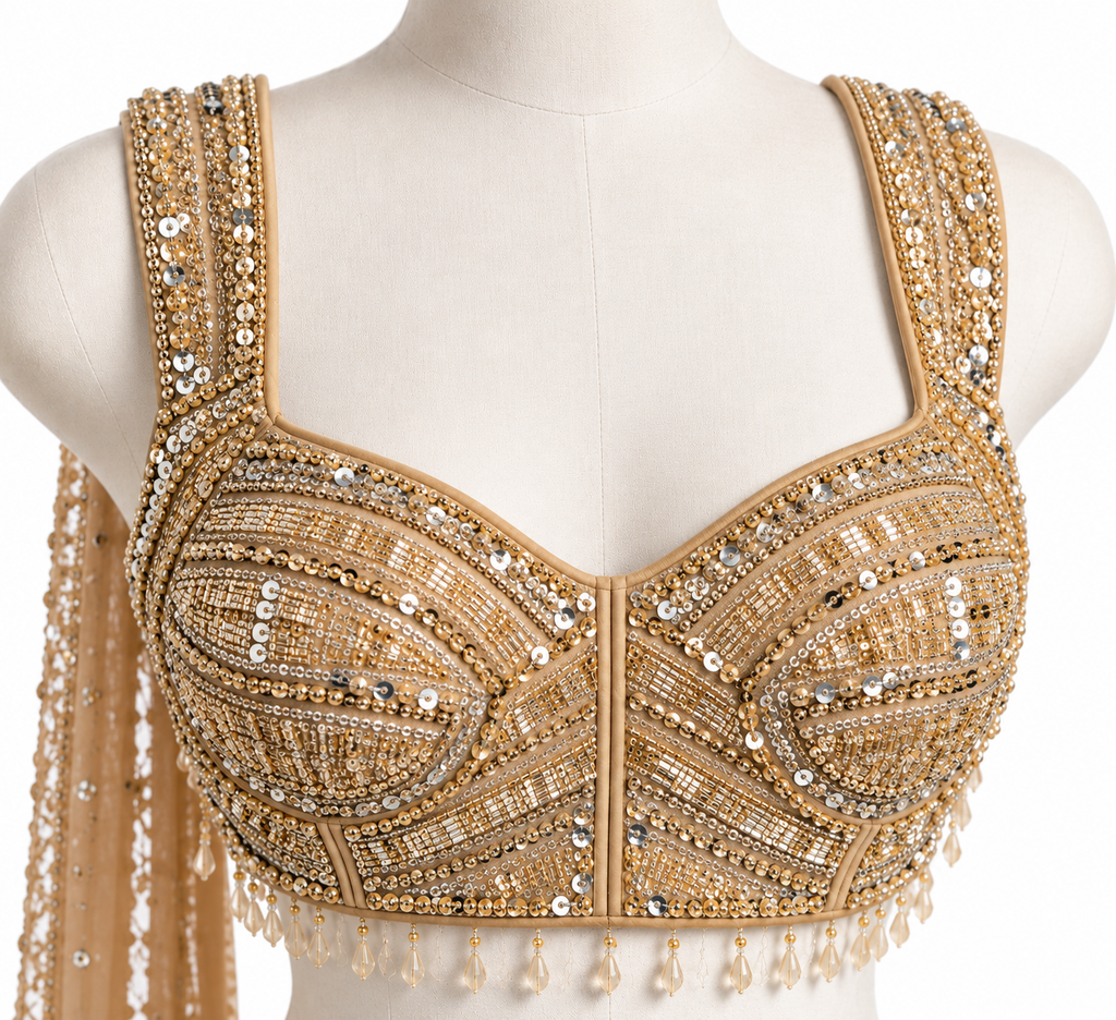 An ornate beige and gold embellished blouse top with intricate beadwork, sequins, and hanging tassel fringe, displayed on a cream mannequin torso against a white background.