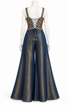 Back view of the navy blue Indo-Western sharara set showing the lace-up corset blouse and flared gold-patterned sharara