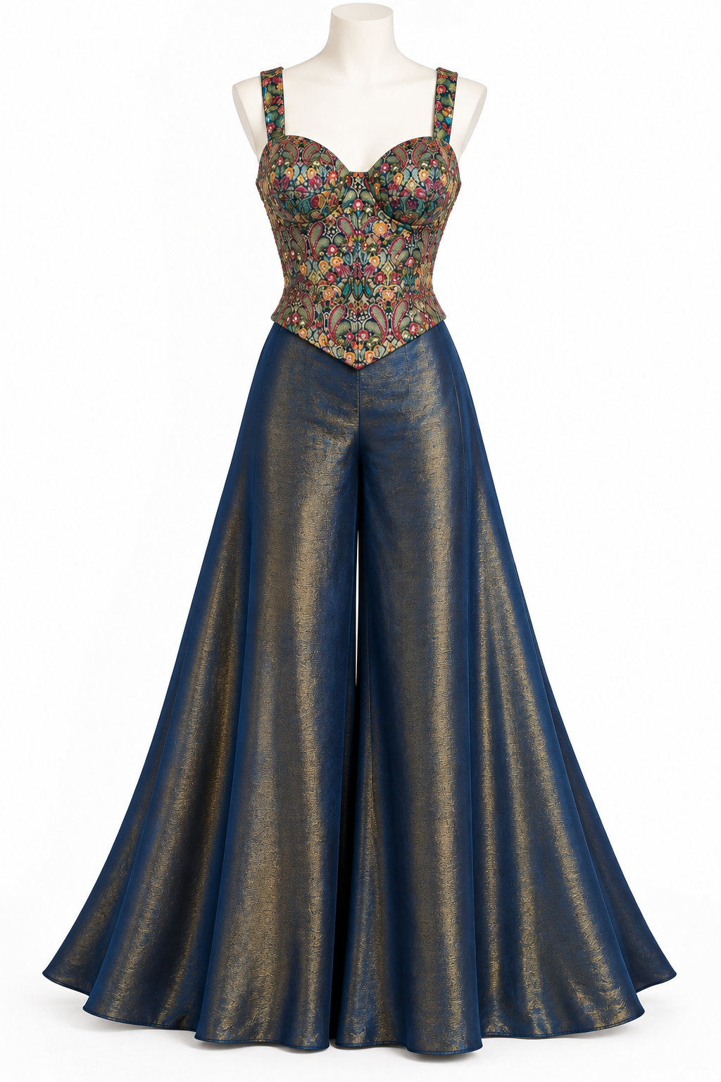 Front view of the navy blue Indo-Western sharara set with embroidered corset blouse and flowy gold-patterned sharara
