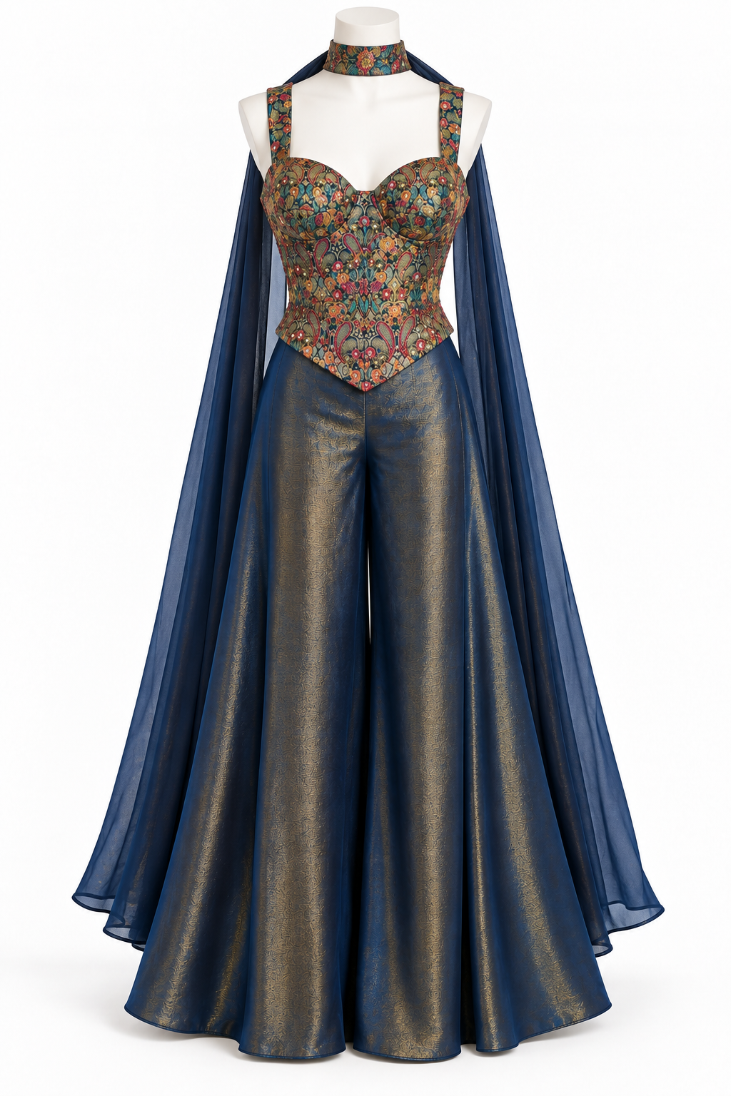 Navy blue Indo-Western sharara set with embroidered multicolour corset blouse, gold-patterned sharara pants and sheer scarf – full view