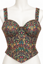 Close-up of the embroidered multicolour corset blouse on the navy blue Indo-Western sharara set