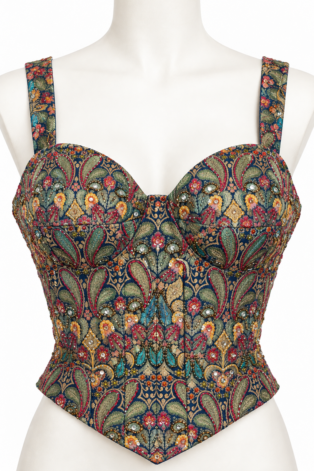 Close-up of the embroidered multicolour corset blouse on the navy blue Indo-Western sharara set