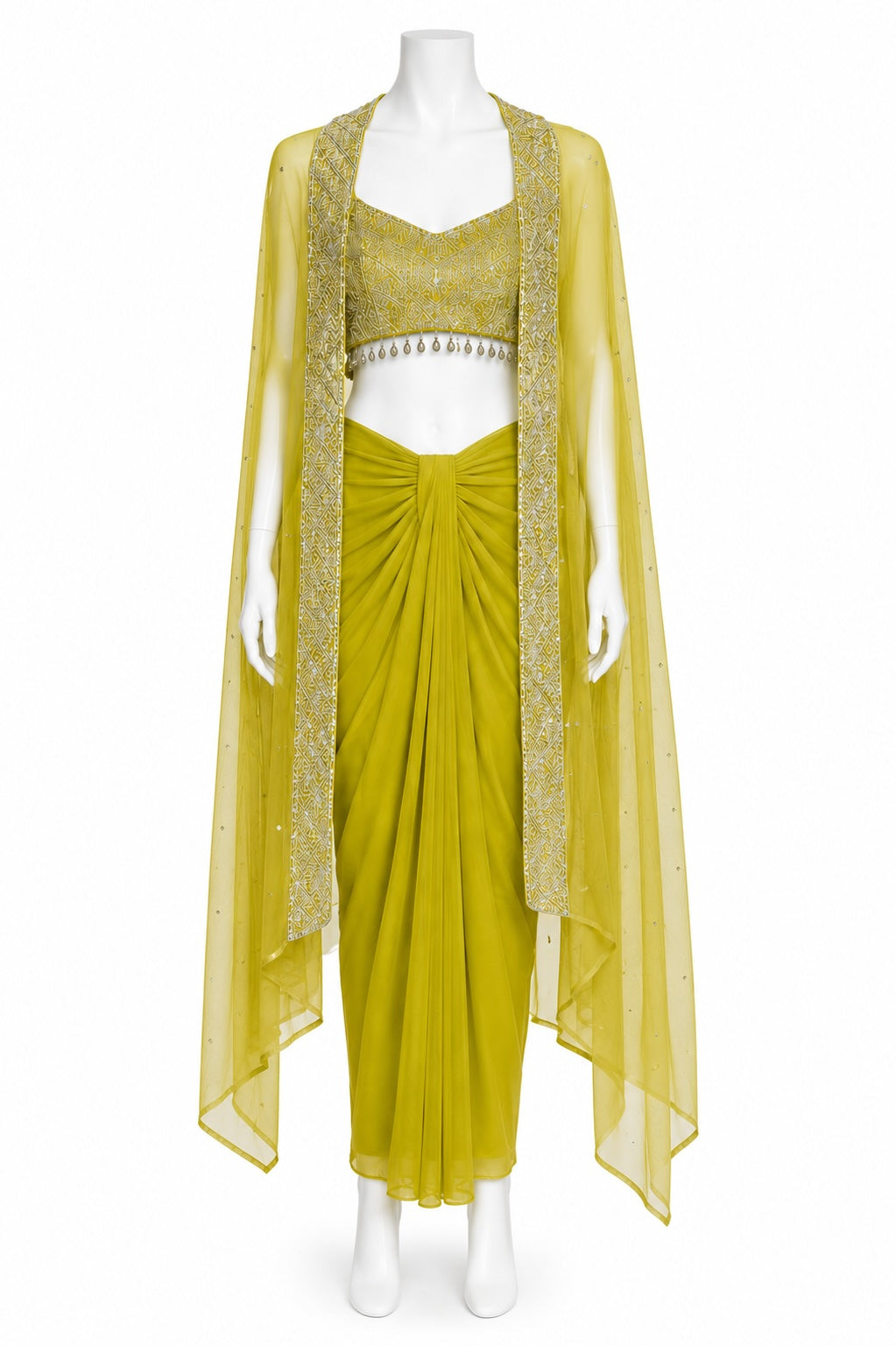 Lime Green Indo-Western Dhoti Set with Embroidered Cape | Designer Fusion Outfit