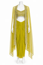 Lime Green Indo-Western Dhoti Set with Embroidered Cape | Designer Fusion Outfit