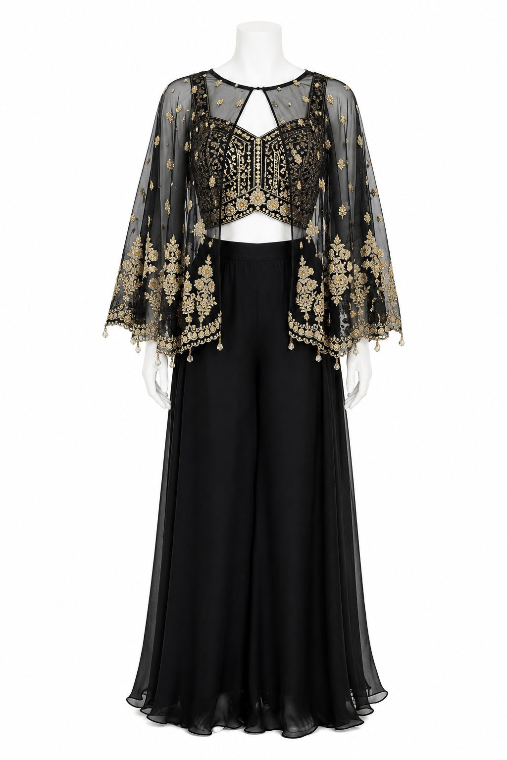 Black Indo-Western Palazzo Set with Embroidered Cape | Designer Fusion Wear