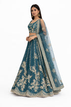 Teal embroidered lehenga set, alternate view – Khush Mizaj