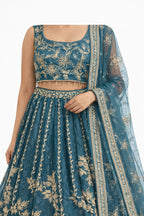 Teal embroidered lehenga set, detail view of embroidery – Khush Mizaj