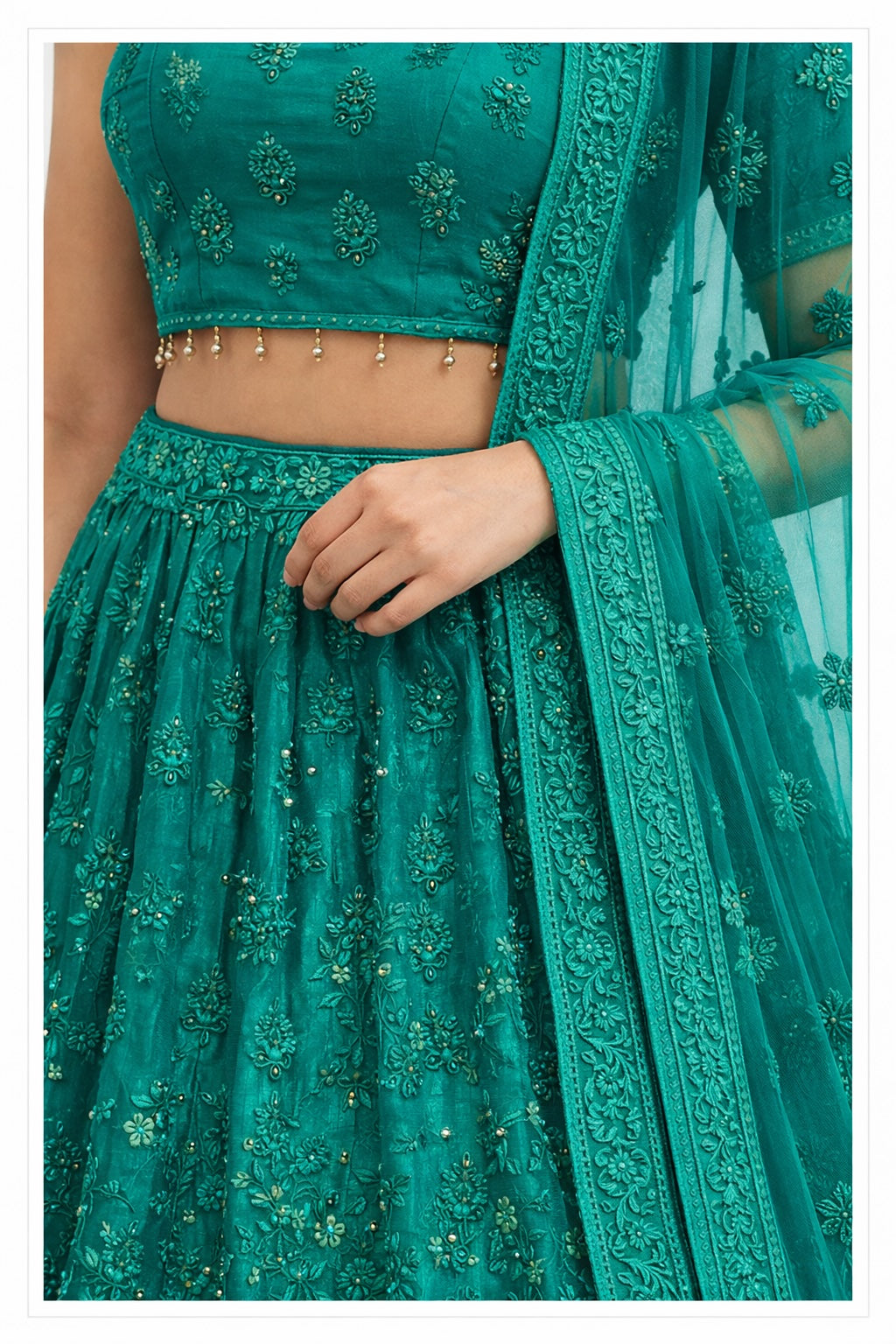 Teal embroidered traditional outfit with matching dupatta