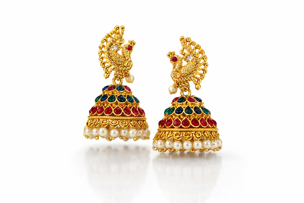 Peacock Kundan Jhumka Earrings