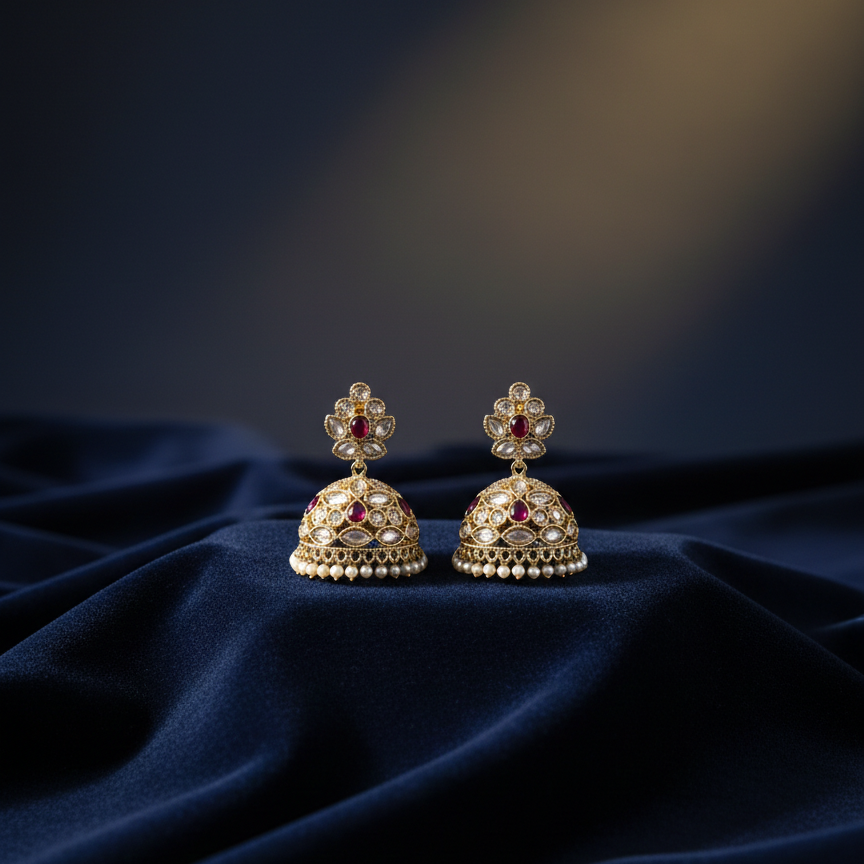 Pair of ornate earrings on a dark blue fabric background