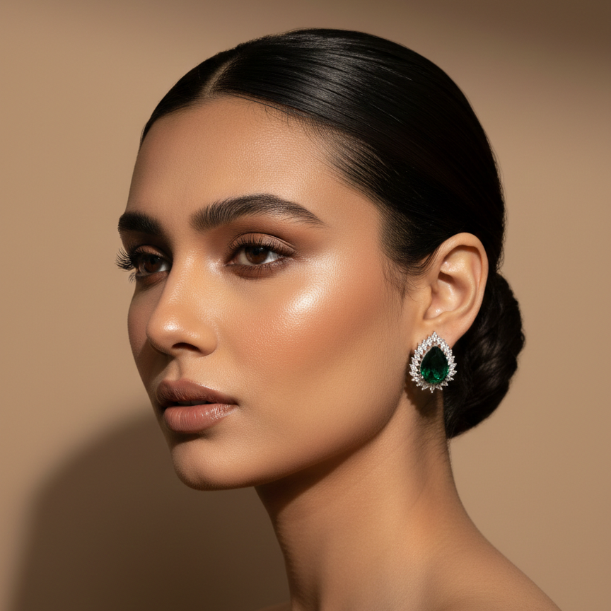 Woman wearing emerald green earrings against a beige background
