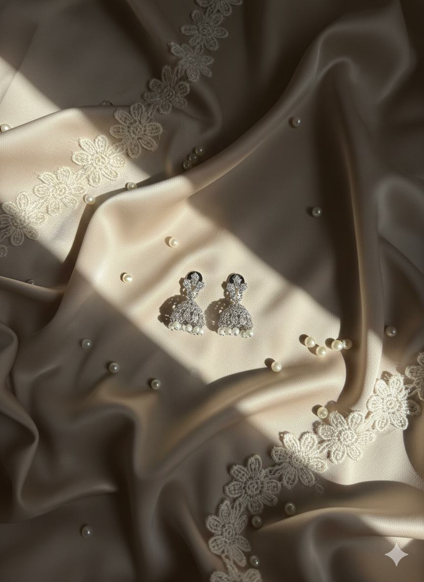 Silver earrings on a beige satin fabric with floral embroidery