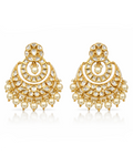 Pair of gold and pearl earrings on a white background