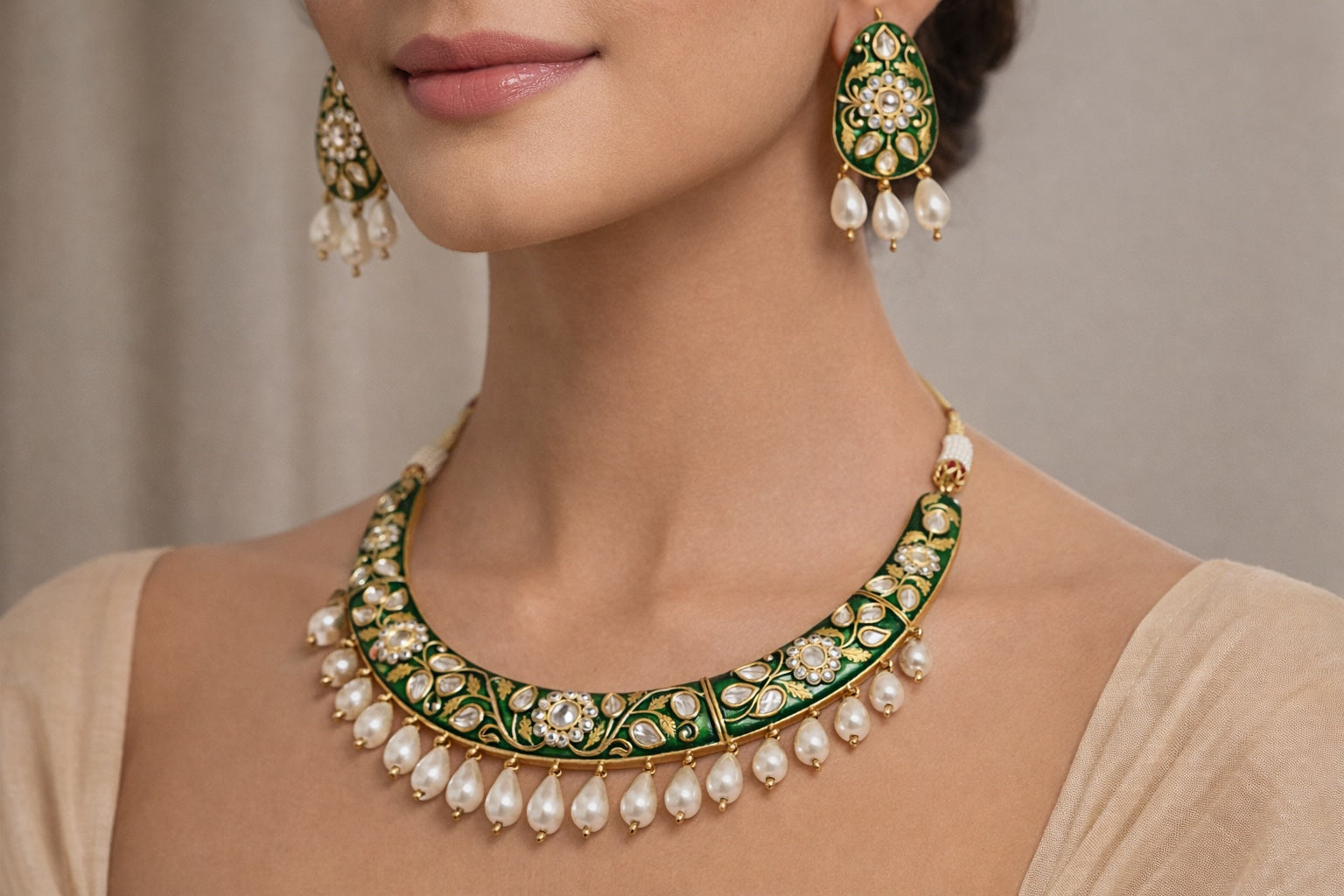 Close-up of a woman wearing a green and gold necklace with pearl accents and matching earrings.