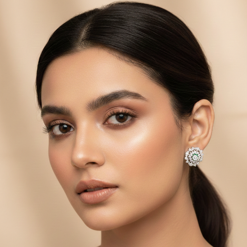 Woman wearing a floral earring against a beige background