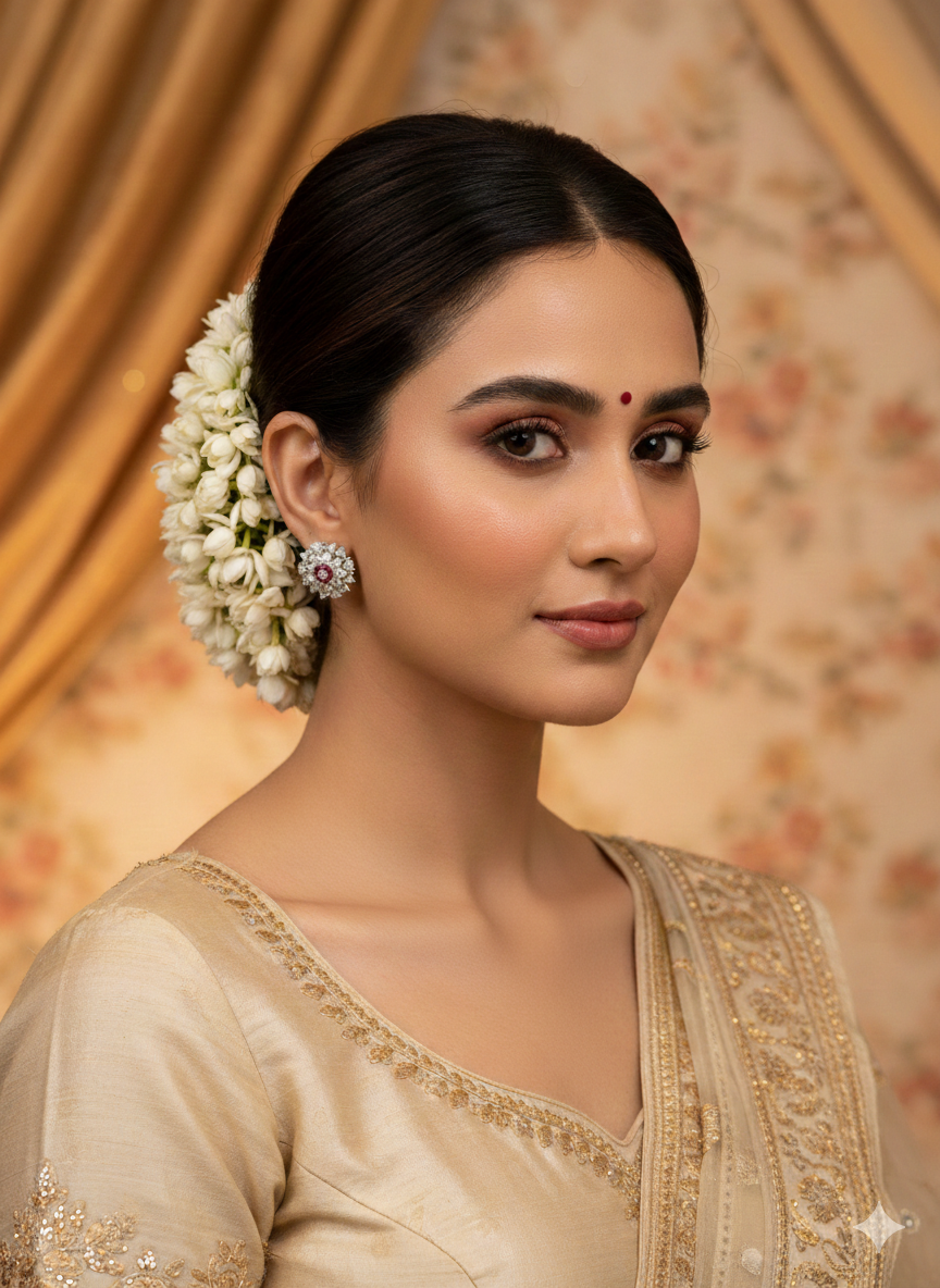 Woman in traditional attire with floral hairpiece against a warm-toned background