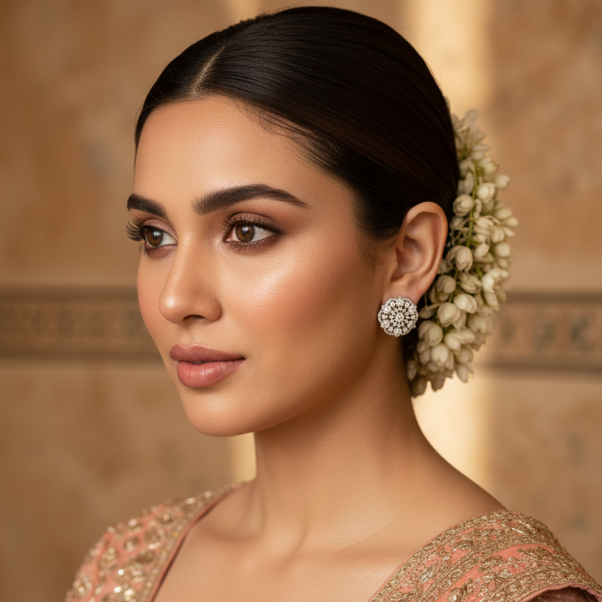 Woman wearing traditional jewelry with a neutral background