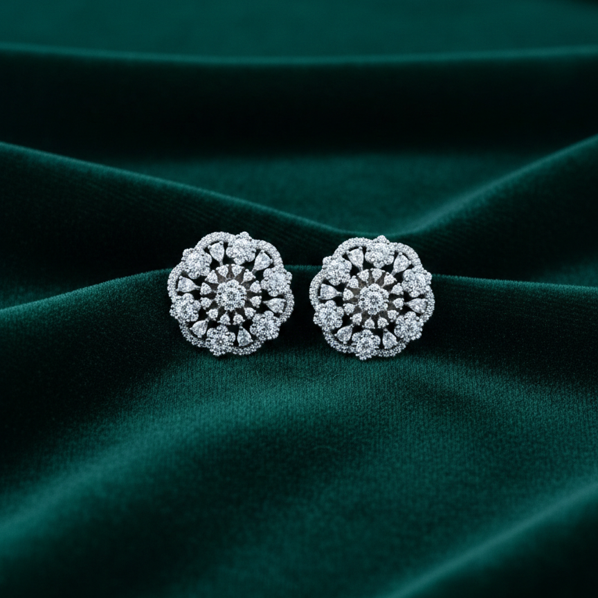 Pair of silver earrings with gemstones on a green fabric background