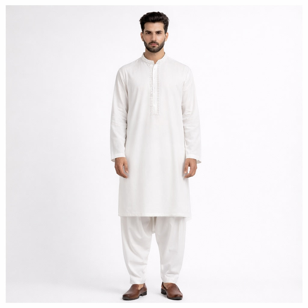 Classic White Embroidered Shalwar Kameez
