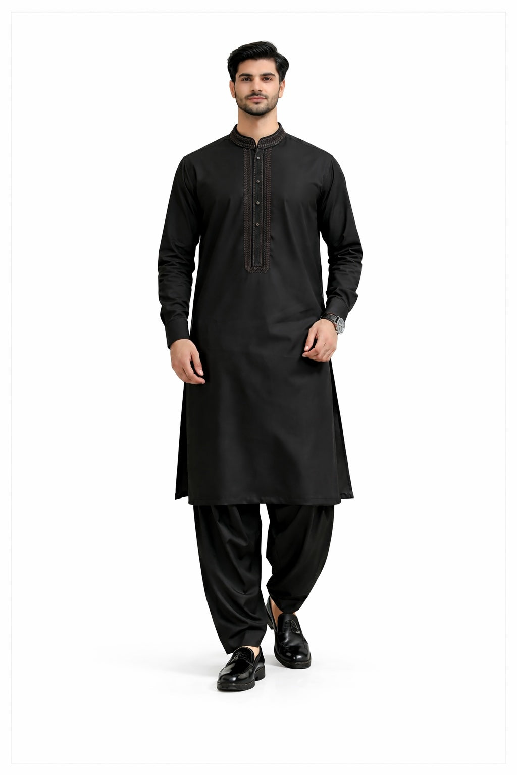 Midnight Noir Embroidered Kurta Shalwar with Brown Embroidery