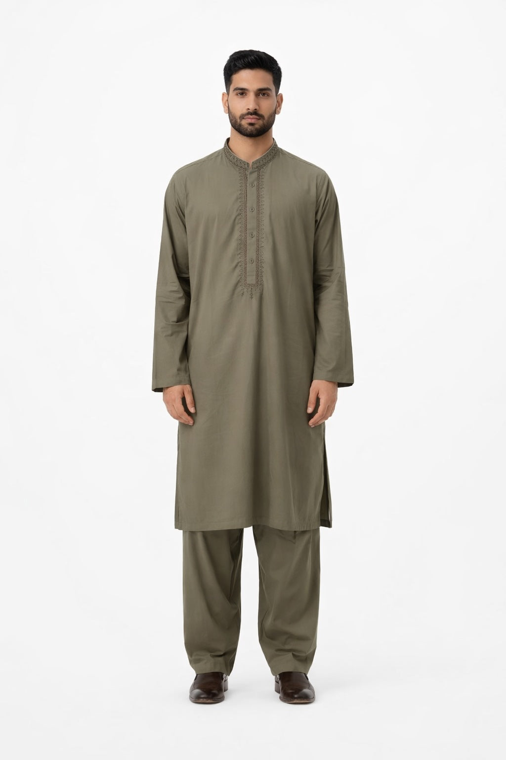 Olive Classic Embroidered Shalwar Kameez
