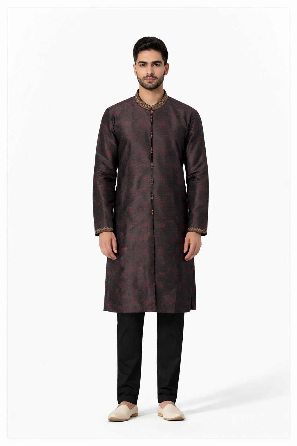 Noir Brocade Kurta Pajama front view — Khush Mizaj Official