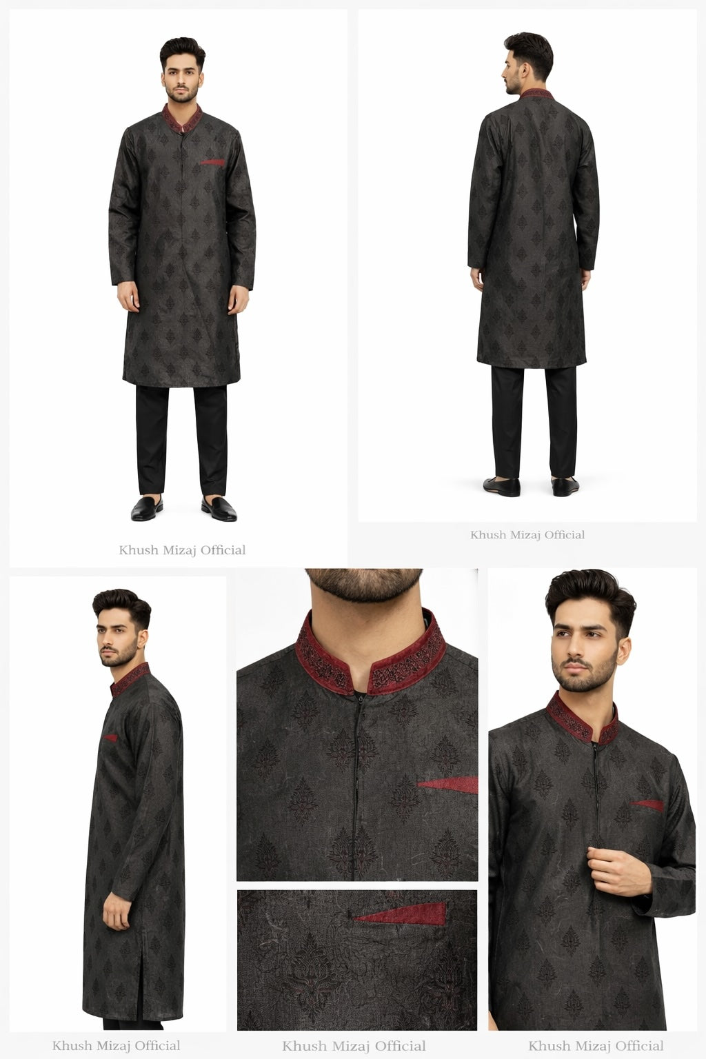 Obsidian Brocade Kurta Pajama — Black Diamond Jacquard with Burgundy Embroidered Collar