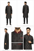 Obsidian Brocade Kurta Pajama — Black Diamond Jacquard with Burgundy Embroidered Collar | Khush Mizaj Official