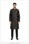 Obsidian Brocade Kurta Pajama — Black Diamond Jacquard with Burgundy Embroidered Collar