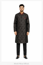 Obsidian Brocade Kurta Pajama — Black Diamond Jacquard with Burgundy Embroidered Collar | Khush Mizaj Official