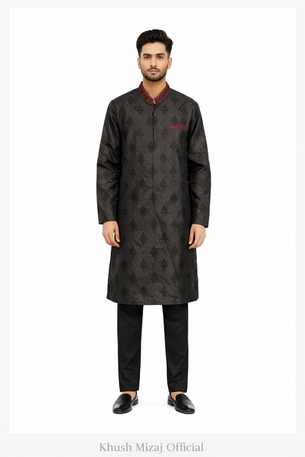 Obsidian Brocade Kurta Pajama — Black Diamond Jacquard with Burgundy Embroidered Collar