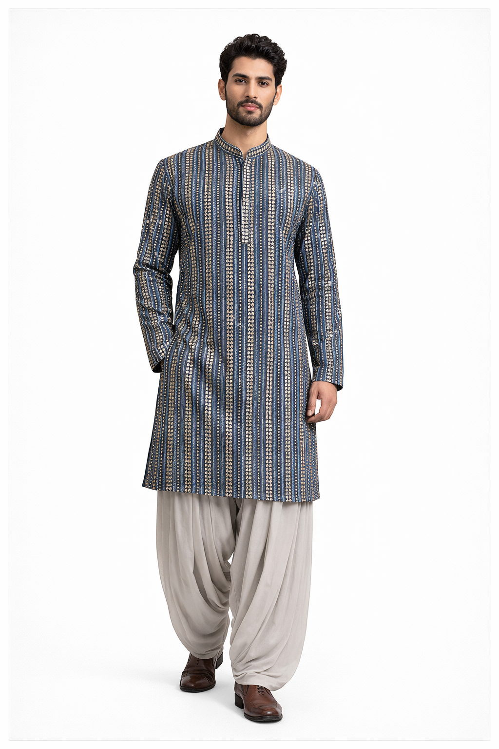 Premium Mirror Work Kurta Shalwar – Navy Blue