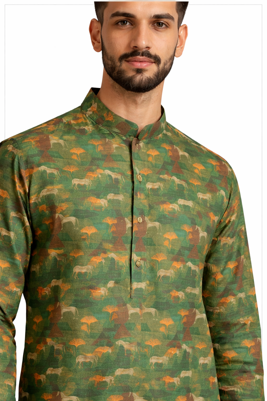 Green Printed Cotton Kurta Pajama