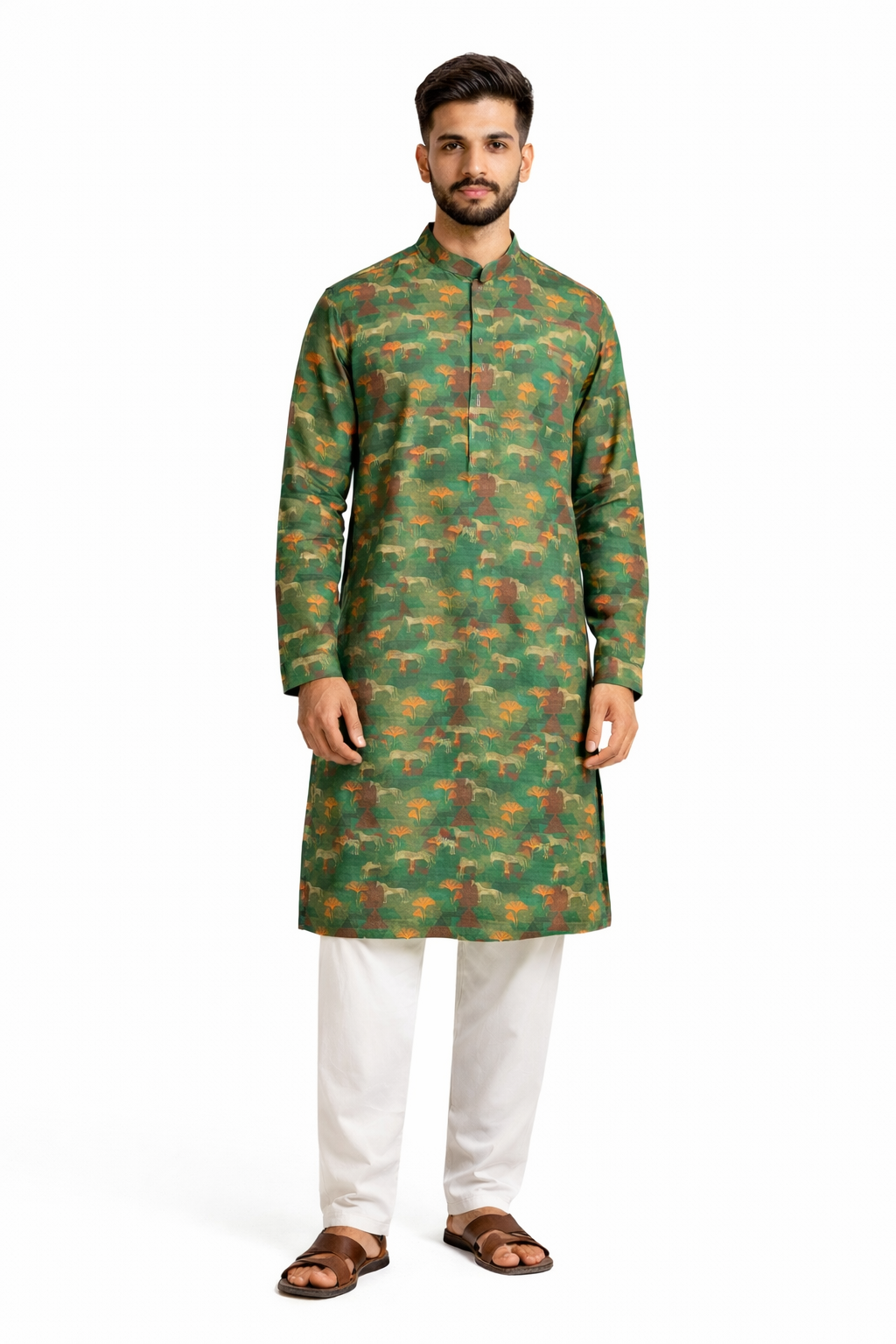 Green Printed Cotton Kurta Pajama