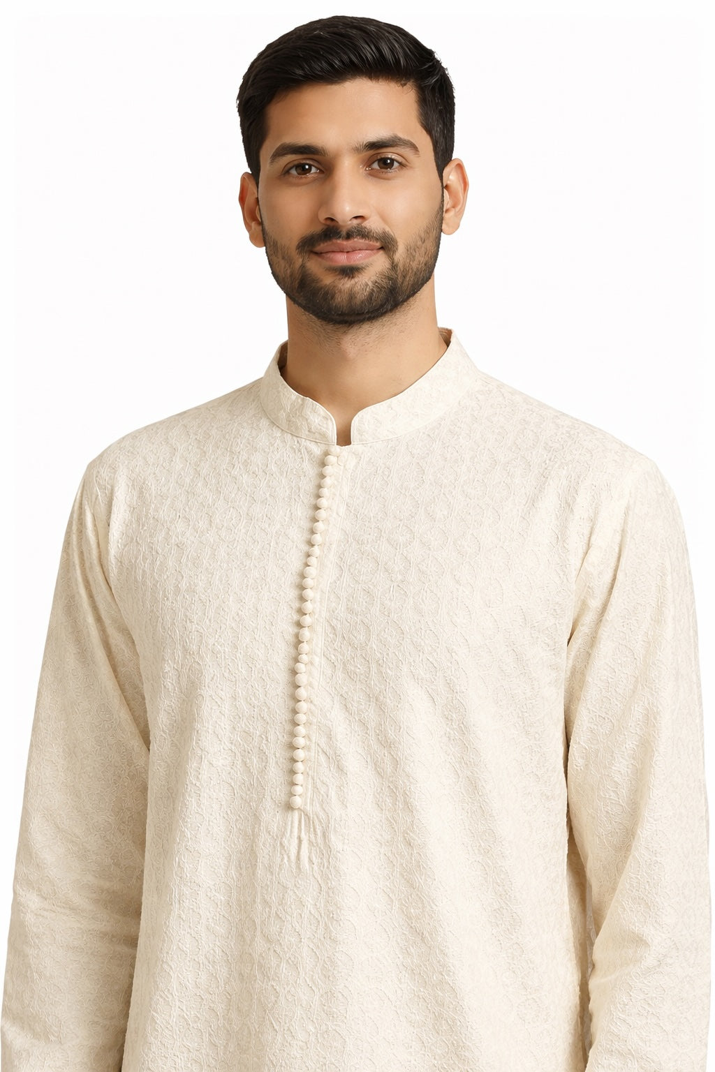 Ivory Textured Embroidered Kurta Pajama Set