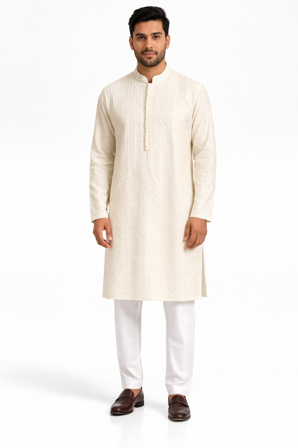 Ivory Textured Embroidered Kurta Pajama Set
