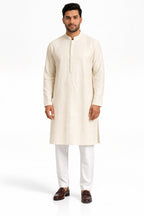 Ivory Textured Embroidered Kurta Pajama Set | Khush Mizaj Official