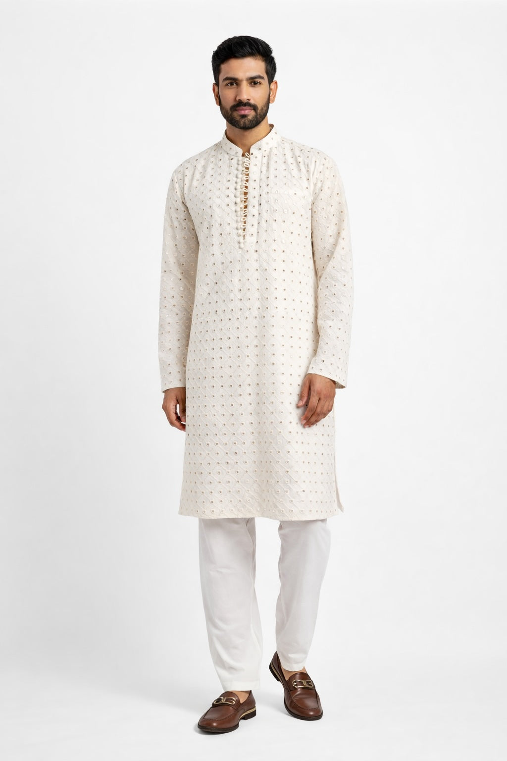 Ivory Mirror Work Kurta Pajama Set