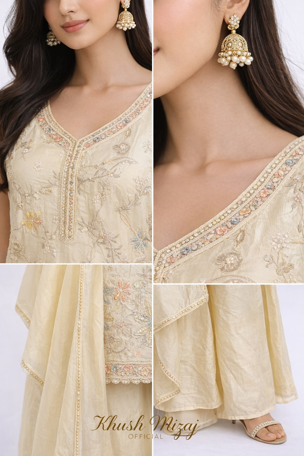 Ivory Pastel Embroidered Georgette Palazzo Suit